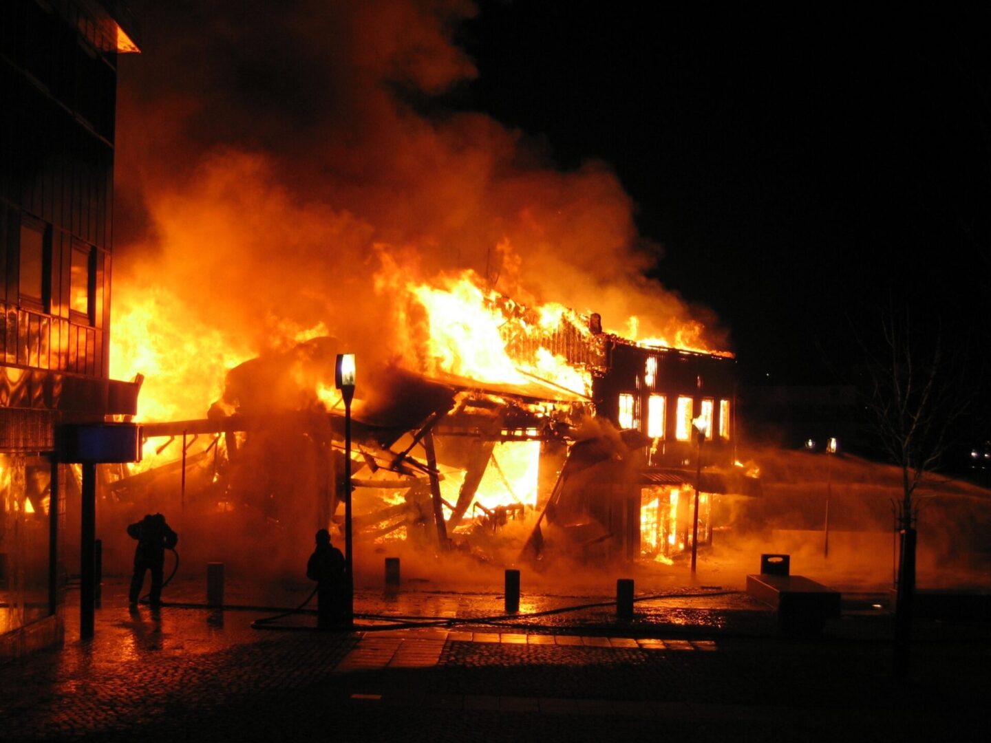 burning building at night