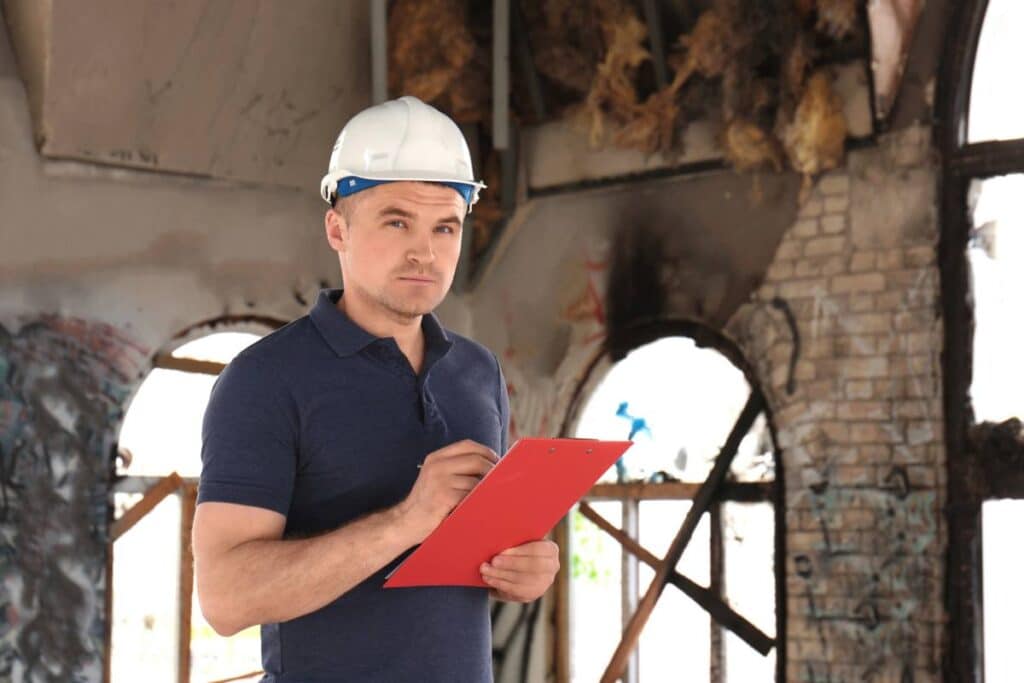 A young insurance adjuster with a clipboard performing an insurance claim inspection.