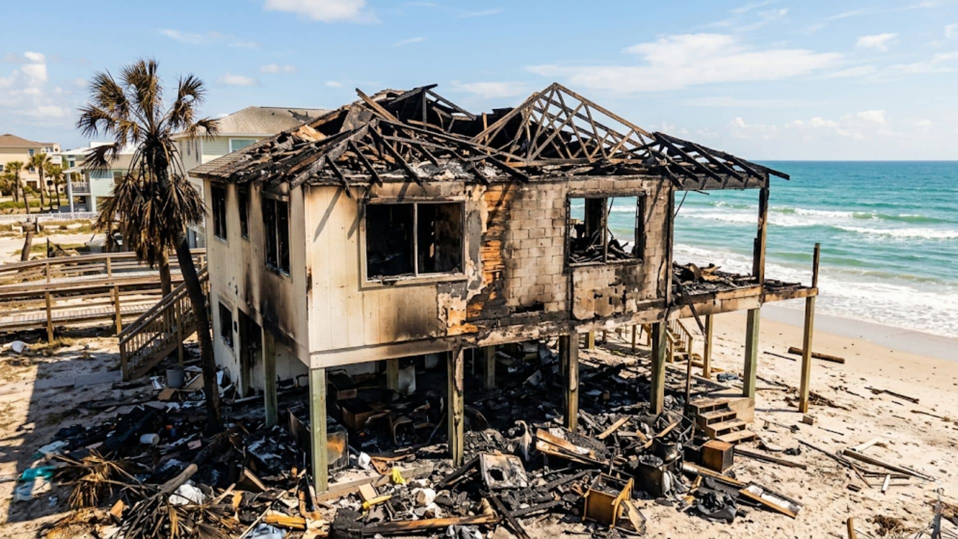 burned stilt house on South Florida beach